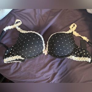 Victoria's Secret Black Padded Bra with White Dots and Lace